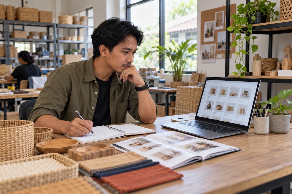 Pemilik bisnis menelusuri katalog produk untuk menemukan supplier B2B